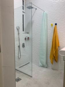 a shower with a glass door in a bathroom at Sunlit artist studio in Belgrade