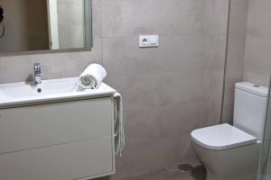 a bathroom with a sink and a toilet and a mirror at Apartments in Vimianzo, The Heart of Costa da Morte in A Coruña