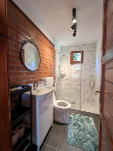 a bathroom with a toilet and a sink and a shower at Cabana Nyiko cu ciubăr in Lupeni