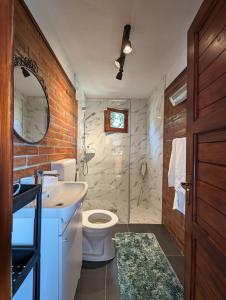 a bathroom with a toilet and a sink and a shower at Cabana Nyiko cu ciubăr in Lupeni