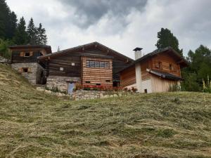 uma casa de madeira numa colina com flores à frente em Alpenchalet Waldl - la Lepre em Palù del Fersina