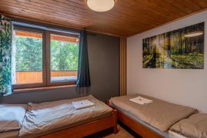 1 dormitorio con 2 camas y ventana en Wellness chata Chalet de Glatz, en Komorní Lhotka