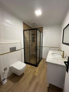 a bathroom with a shower and a toilet and a sink at Müstakil Villa Dairesi in Kavala