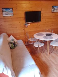 a living room with a couch and a table and a tv at Domki letniskowe Przyczepy kempingowe Zacisze Mielno in Mielno +58 photos