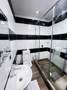 a bathroom with a sink and a toilet and a shower at Rigg Hotel in Apapa Eleko