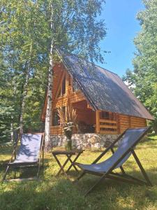 eine Hängematte und ein Stuhl vor einer Hütte in der Unterkunft Forest Rhapsody Brezna in Plužine