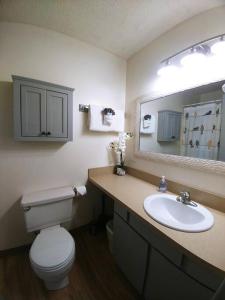 een badkamer met een toilet, een wastafel en een spiegel bij Seagull's Nest in the heart of Long Beach in Long Beach