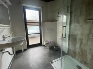 バート・エルスターにあるFerienwohnungen Elsterblick Bad Elsterのバスルーム(シャワー、トイレ、シンク付)