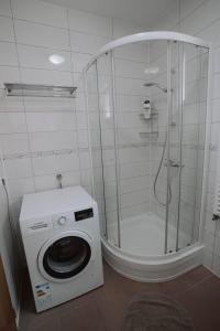 y baño con ducha y lavadora. en Apartments Peric Županja, en Županja