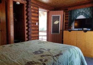 a bedroom with a bed and a flat screen tv at Seven Dwarfs Motel & Cabins in Lake George