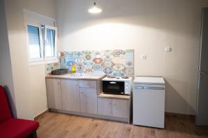 een kleine keuken met een spoelbak en een magnetron bij DIMITRA APARTMENTS in Pefki