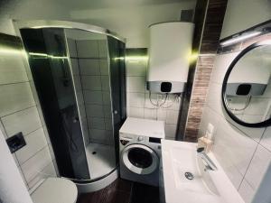 uma casa de banho com uma máquina de lavar roupa e um lavatório em Apartament Liść em Tarnobrzeg