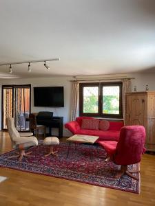 a living room with a red couch and a rug at Gemütliches Haus in Seewalchen am Attersee in Seewalchen