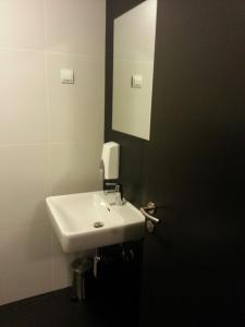 a bathroom with a white sink and a mirror at Raceland Krško in Krško