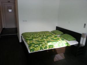 Bett mit grüner Bettdecke und 2 Kissen in der Unterkunft Raceland Krško in Krško