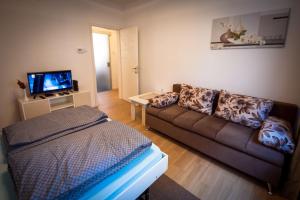 ein Wohnzimmer mit einem Sofa und einem TV in der Unterkunft Apartman Omega in Sarajevo