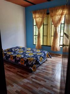 een slaapkamer met een bed met een blauwe muur en ramen bij CASA PROYECTO GIGANTE in Gigante