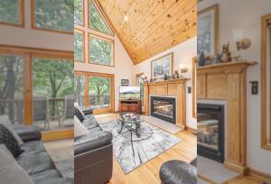 two pictures of a living room with a fireplace at Dreamers Inn in Swanton