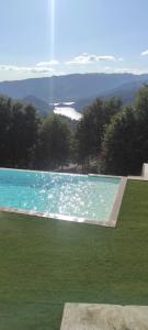 a large swimming pool with green grass and trees at Gerês VillaCella in Vieira do Minho