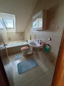 a bathroom with a sink and a toilet and a tub at Christis Apartments in Eberndorf