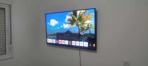 a television on a wall with a palm tree on it at Areatricolor in Porto Alegre