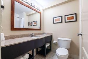a bathroom with a toilet and a sink with a mirror at Comfort Suites Morrow- Atlanta South in Morrow