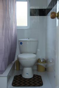a bathroom with a toilet and a window and a rug at Casa Caliza Bienestar & Descanso in El Carmen +19 photos