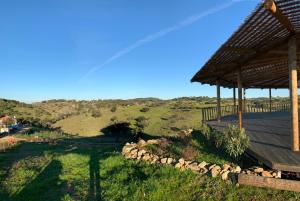 un bâtiment avec un toit et un champ herbeux dans l'établissement Mama Adama - Alpaca Farm & Hotel, à Grândola