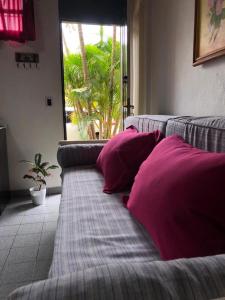 a couch with pink pillows in a living room at GaVal Apart A in Posadas