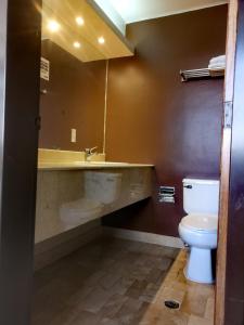 a bathroom with a sink and a toilet and a mirror at Edificio Akros in Quito