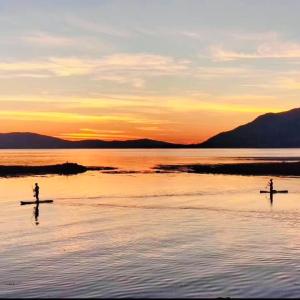 two people are standing in the water at sunset at Mountain View Shepherds Hut in Kilkeel