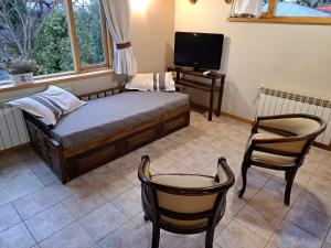 1 dormitorio con 1 cama, TV y silla en Las Golondrinas - UF 319 en San Martín de los Andes