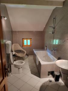 ein Badezimmer mit einer Badewanne, einem WC und einem Waschbecken in der Unterkunft Country Villa Velebit, Sveti Rok, Lika in Sveti Rok