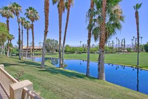 uitzicht op een golfbaan met palmbomen en een vijver bij VB623 - Suite Sycamore in Palm Desert