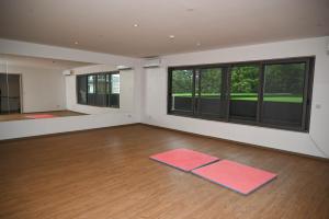 a large room with a large window and pink mats at The Eden Suite in Accra