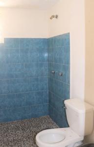 baño con aseo y pared de azulejos azules en Casa Leon Rinconada en Puerto Escondido