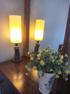 Rodando x Mendoza في غوايمالين: مزهرية مع الزهور على طاولة مع مصباحين