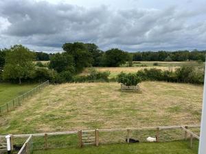 a field with a fence and a sheep in it at A newly renovated, cosy escape in the beautiful Shepherd's Cottage in East Dereham