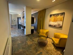 蓬塔阿雷納斯的住宿－Patagonia Apart Hotel - Suite，一间客厅,客厅内配有两把椅子和一张桌子