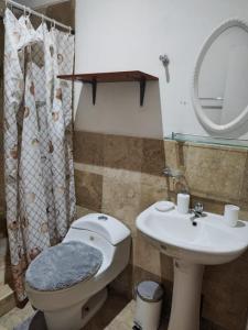 een badkamer met een toilet en een wastafel bij Bamboleo Club Zorritos in Zorritos
