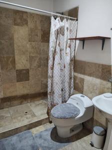 een badkamer met een toilet en een wastafel bij Bamboleo Club Zorritos in Zorritos