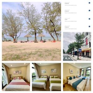 a collage of photos of a hotel with beds and a tree at Teddy 96 Homestay & Cafe-3 stars-Grand World Phu Quoc in Phu Quoc +46 photos