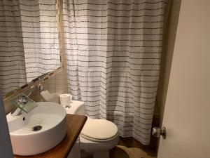 a bathroom with a white toilet and a sink at HOsTAL PALMED in Concepción