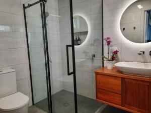 een badkamer met een douche, een toilet en een wastafel bij Mariner Rose B&B in Stanley