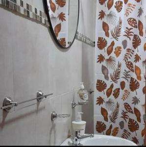 a bathroom with a mirror and a sink at Cabañas Del Volga in Macachín