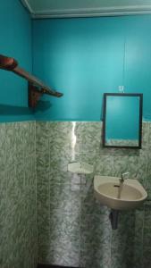 a bathroom with a sink and a mirror on the wall at Barook Chalet in Mersing