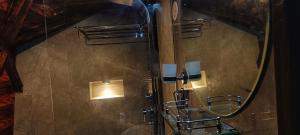uma casa de banho com um chuveiro e um espelho. em Starlit Dome Mcleodganj em McLeod Ganj