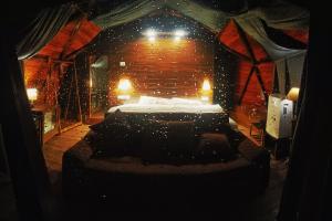 um quarto com uma cama num quarto com luzes em Starlit Dome Mcleodganj em McLeod Ganj