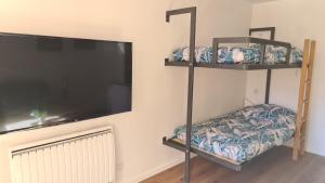 a living room with a flat screen tv and shelves at Agréable studio in Briançon