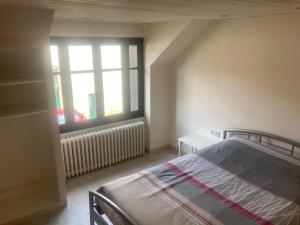 Schlafzimmer mit einem Bett und einem Fenster in der Unterkunft Le petit belge in Montgivray